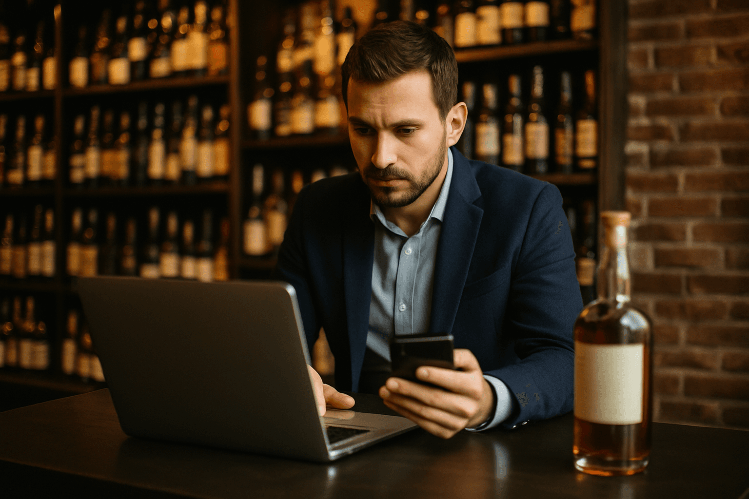 Professional photograph illustrating digital marketing for beverage retail business — cover image for "How to Use AI Chatbots to Upsell Premium Spirits Without Being Pushy" on Intentionally Creative