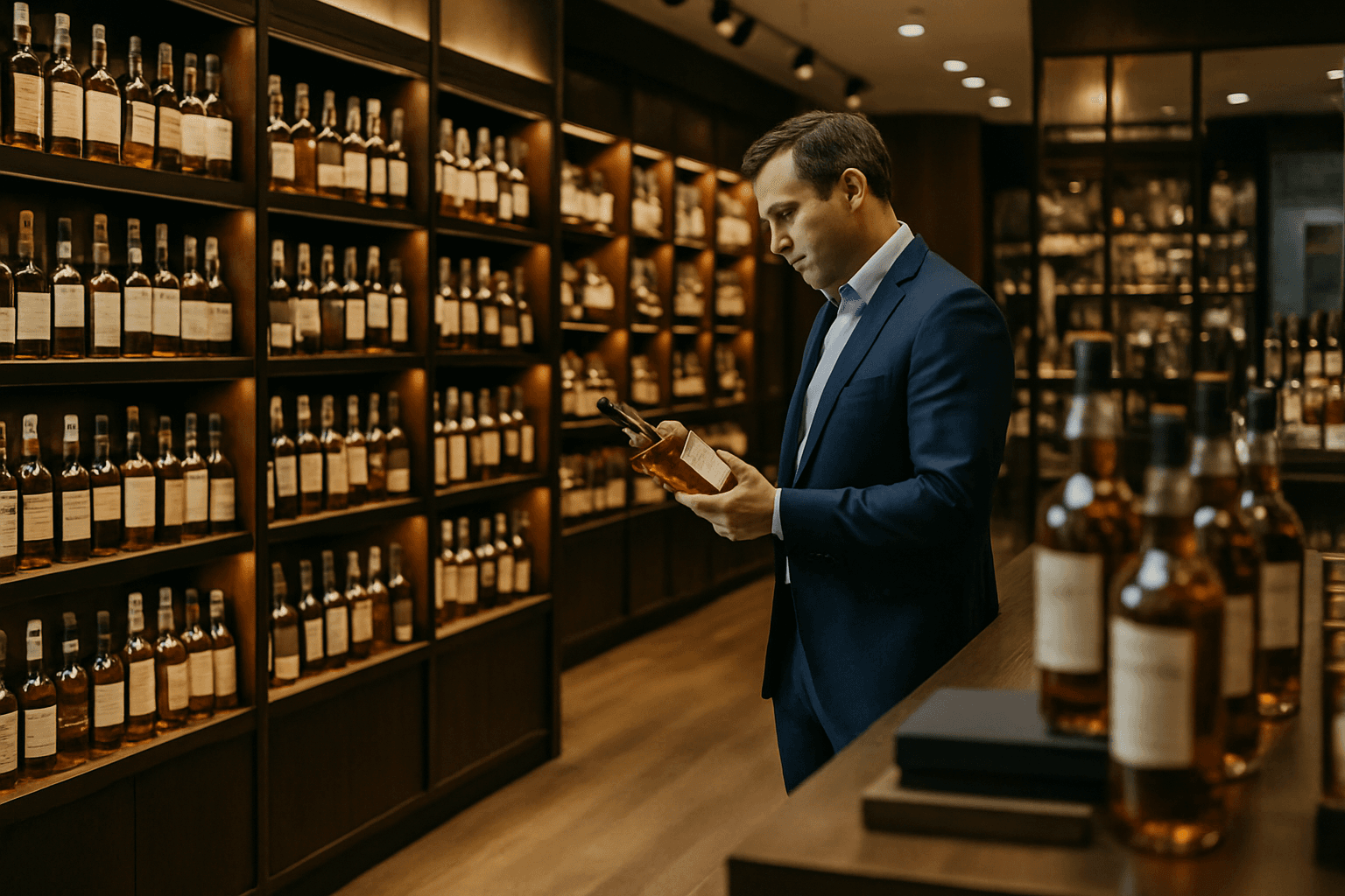 Professional photograph illustrating modern retail store interior — cover image for "Singapore or Bust: How AI Market Expansion Tools Help US Whiskey Retailers Track Emerging Export Markets Before Stocking New Arrivals" on LiquorChat