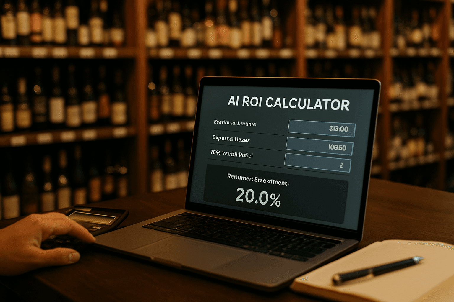 Professional photograph illustrating AI ROI calculator liquor store — cover image for "AI Strategy ROI Calculator: A Step-by-Step Framework for Small Liquor Stores to Measure Payback on Their First AI Investment" on LiquorChat