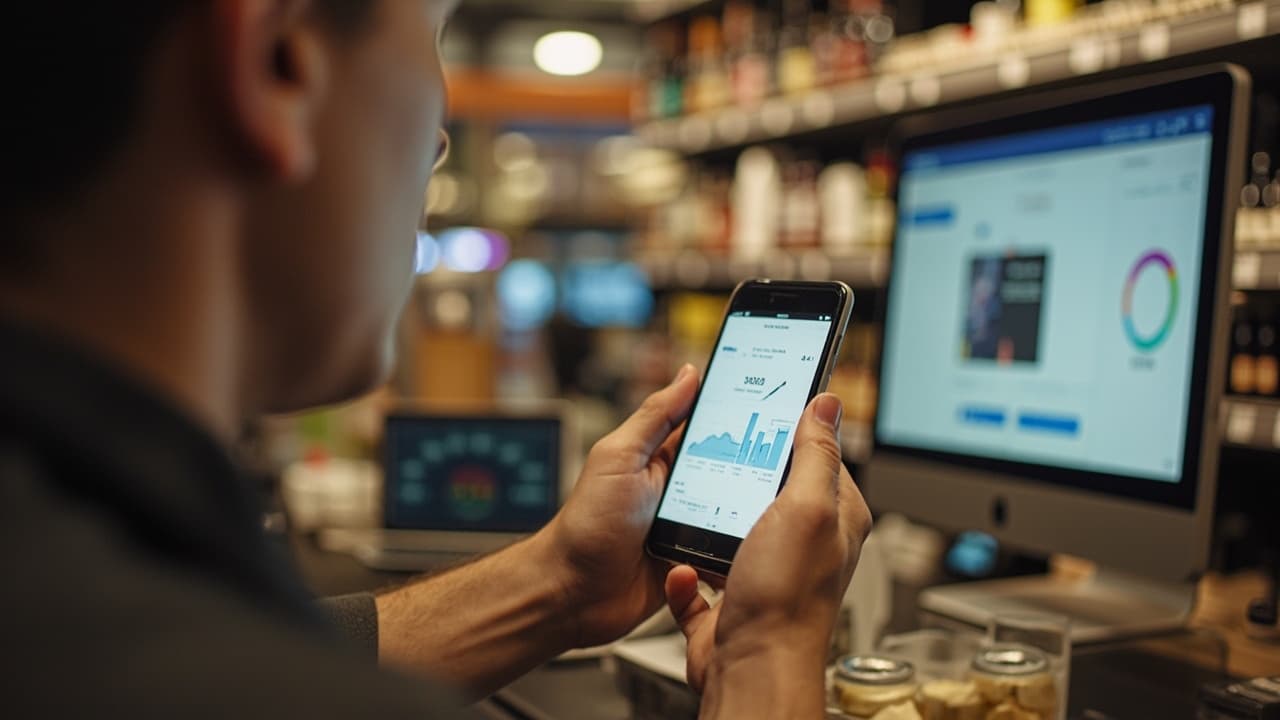 Hands holding a phone with a chart in front of a monitor in a shop