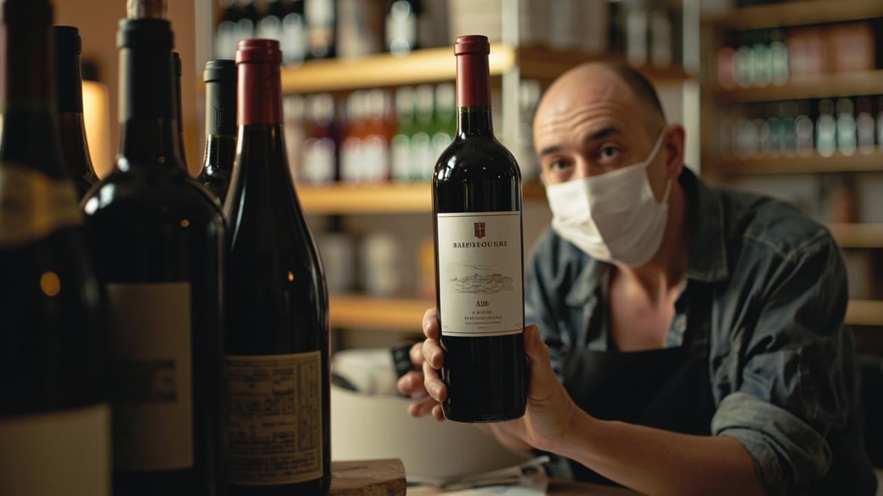 A man wearing a face mask holding up a bottle of red wine in a shop
