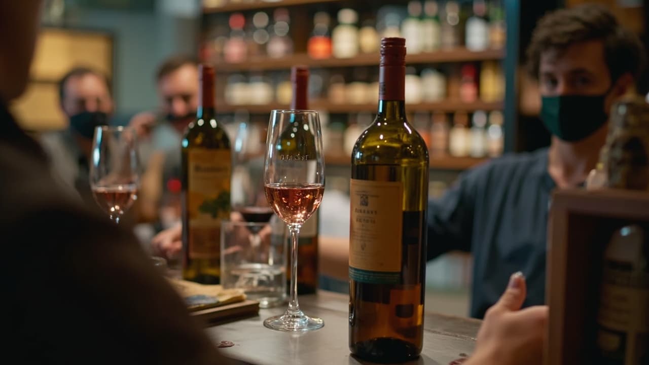People sit around a table with wine glasses and bottles near shop shelves