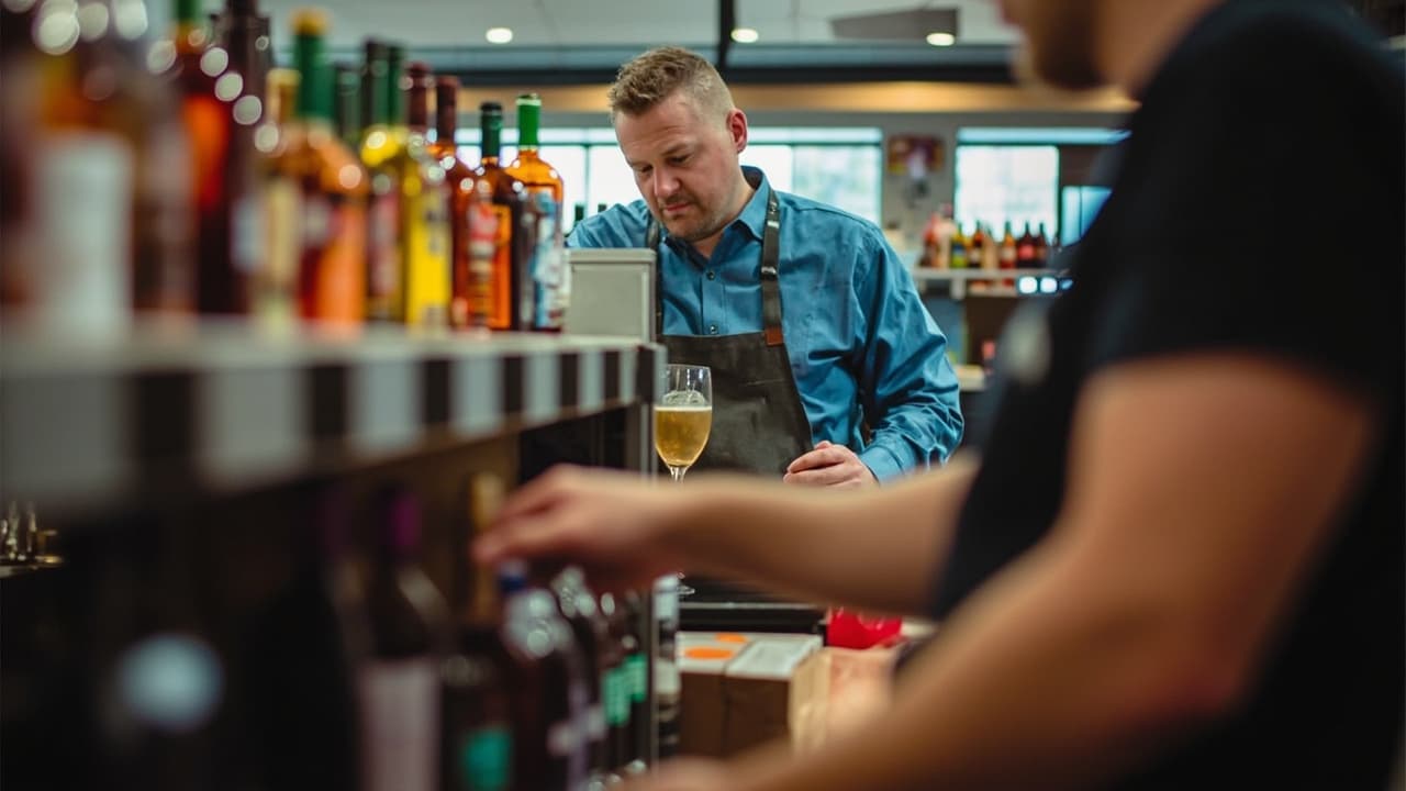 A bartender in an apron pouring a drink behind a bottle-lined bar
