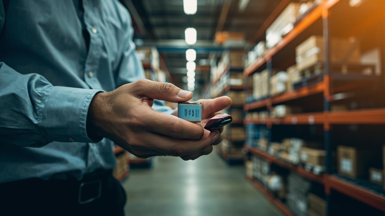 Hand holding a small device near warehouse shelves stocked with boxes