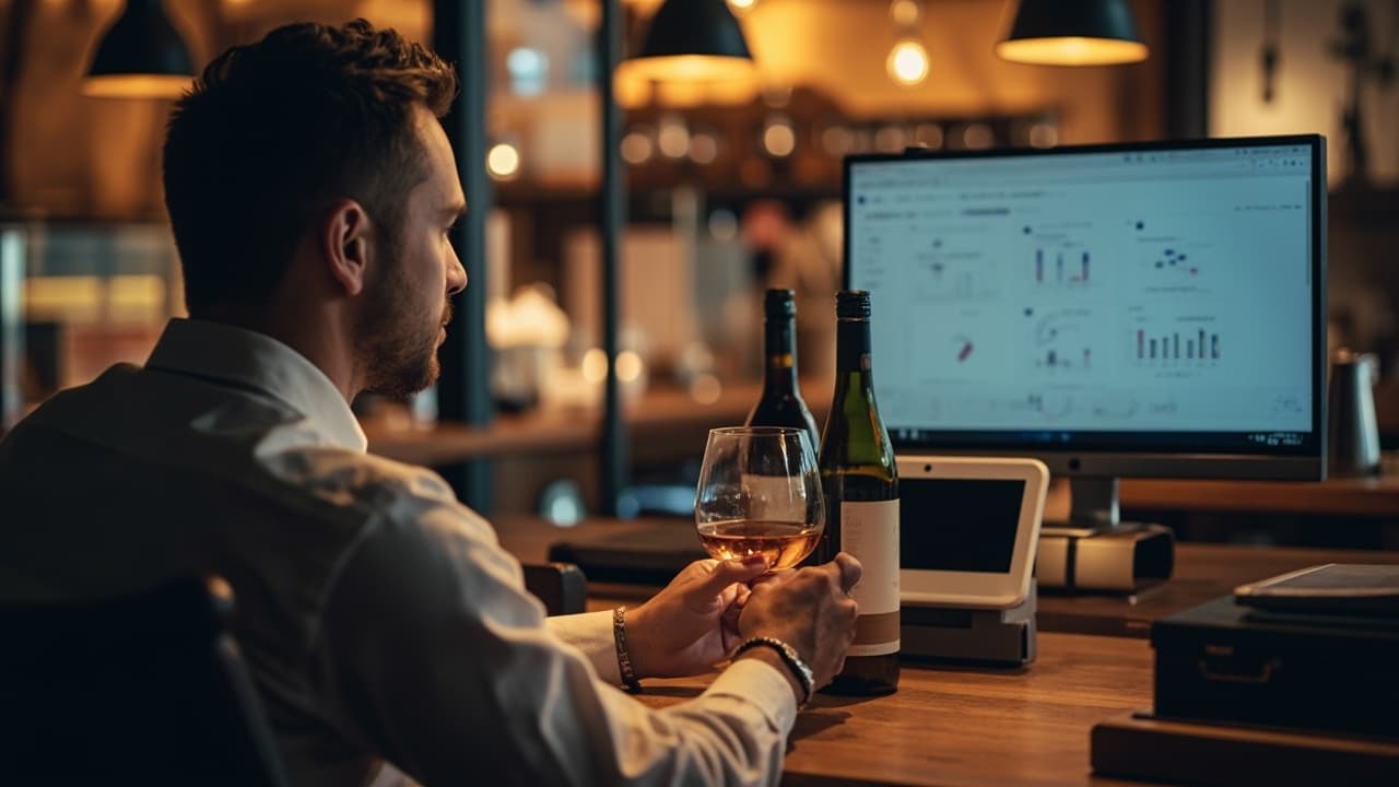 A man holding a wine glass at a desk with a monitor showing charts