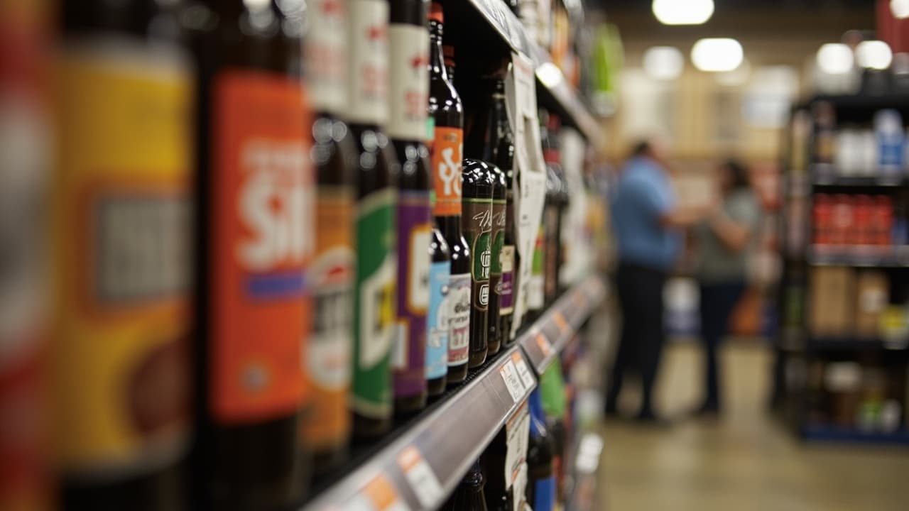 Close rows of bottled beverages fill a store shelf with shoppers in the distance