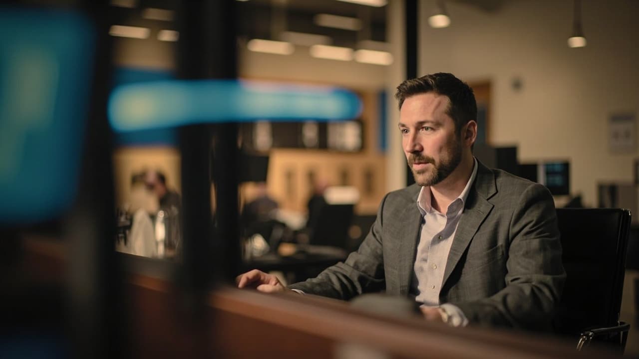 A man in a blazer sitting at a desk in a conference hall