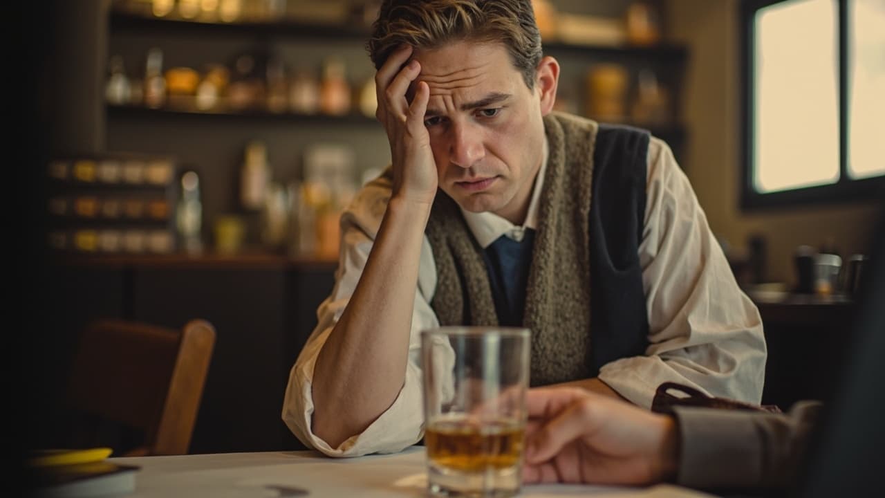 A person rests a head on one hand looking down at a glass of liquor
