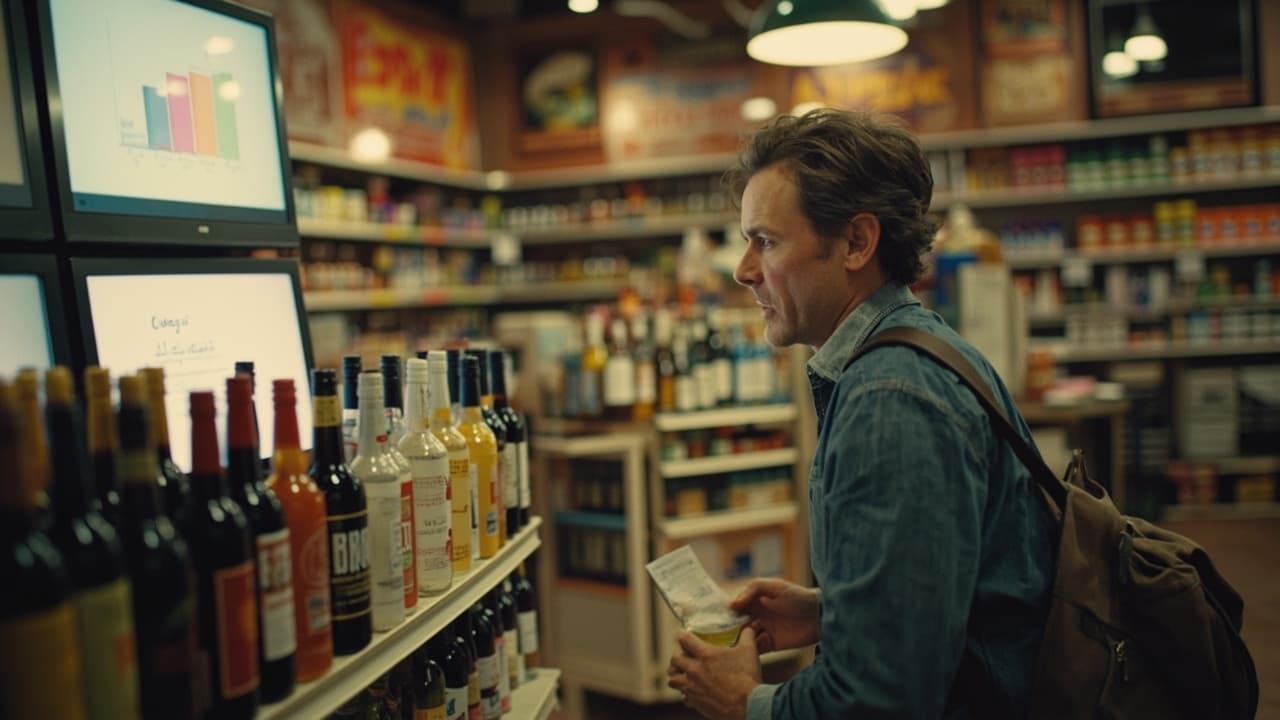 A man browsing shelves of bottles in a convenience store