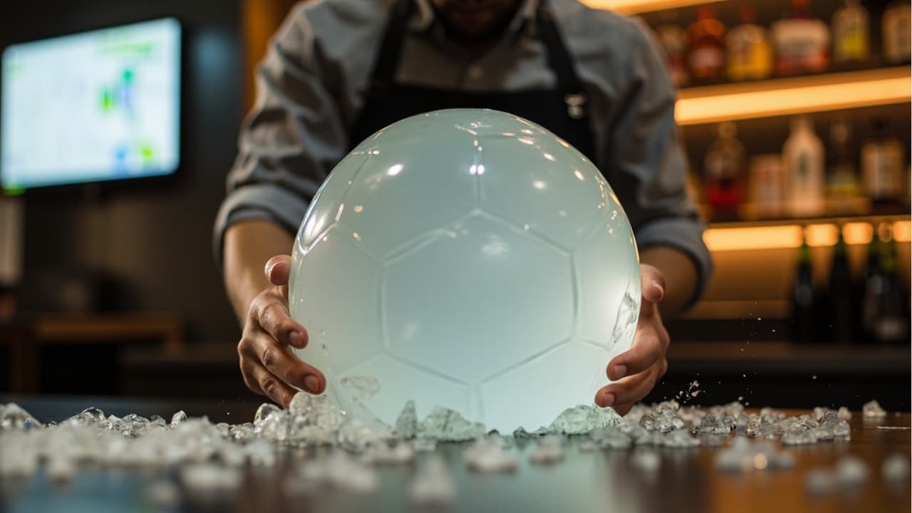 Hands shape a large glowing soccer-ball ice sculpture surrounded by ice chips