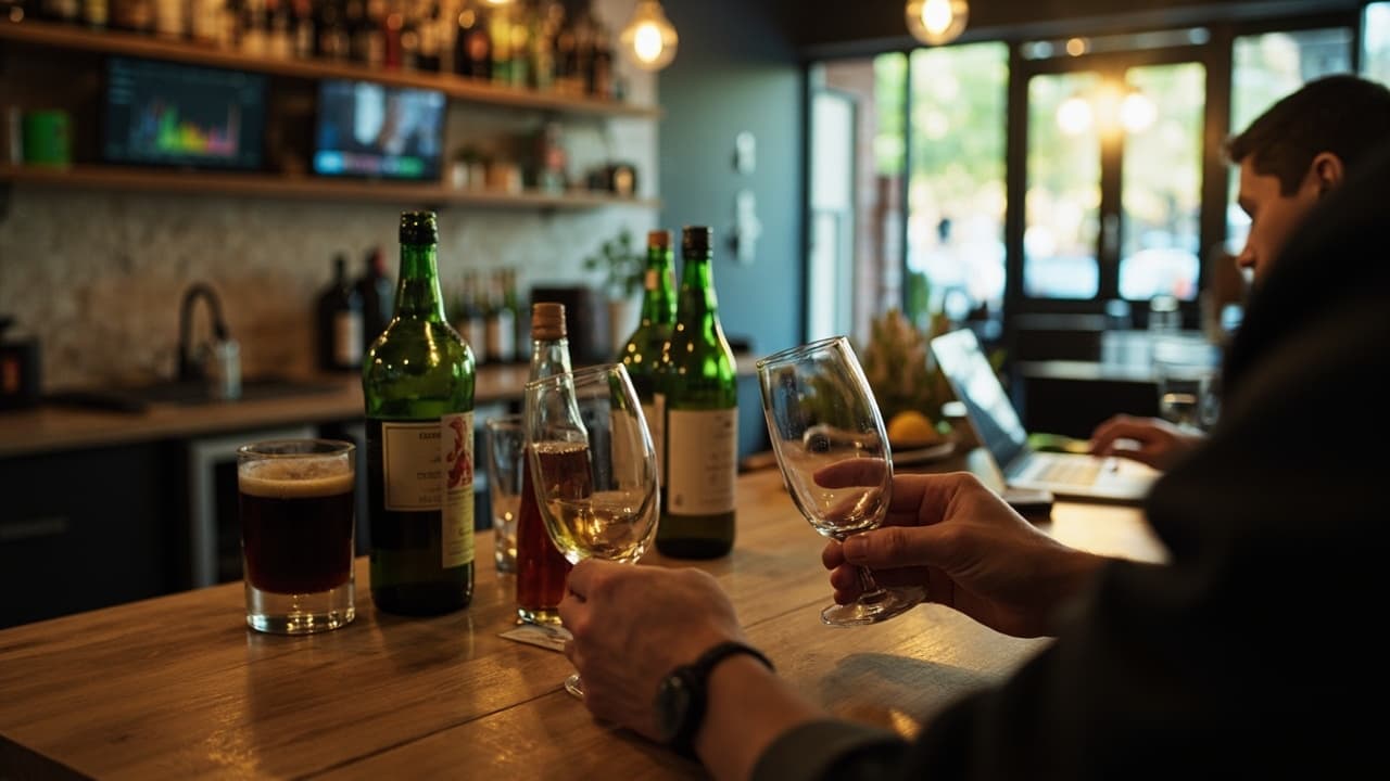 Hands holding wine glasses at a bar counter crowded with bottles