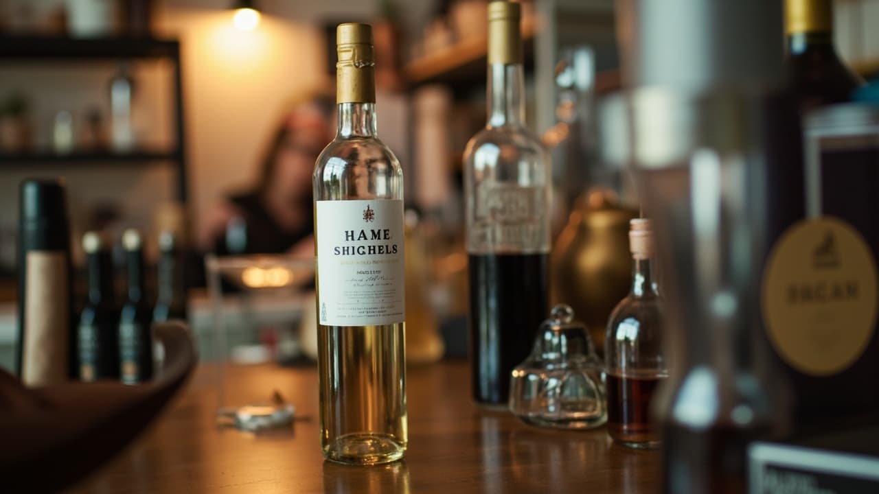 A bottle with a plain label stands on a bar among glasses and other bottles