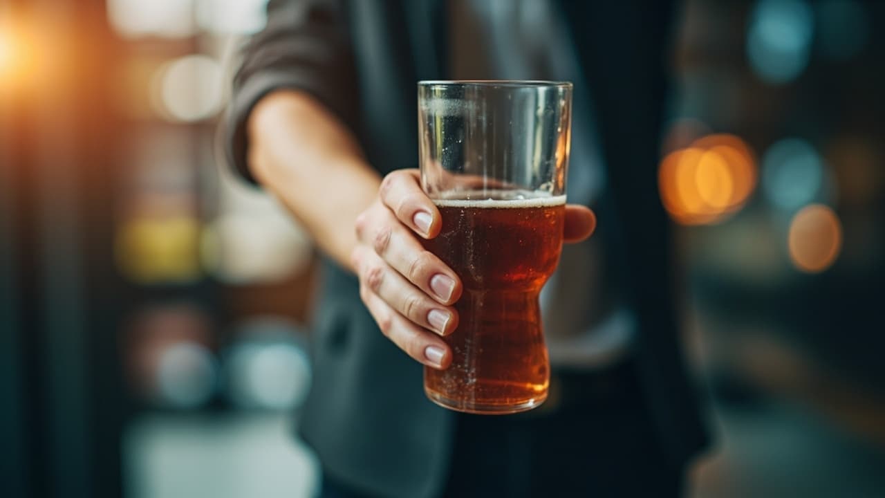 An outstretched hand holds a glass of beer toward the camera