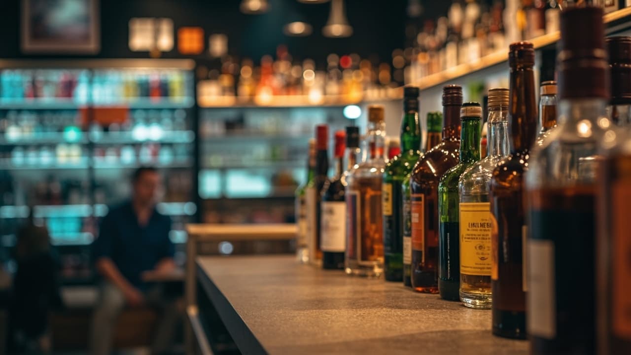 Rows of liquor bottles line a shop shelf with a seated figure blurred behind