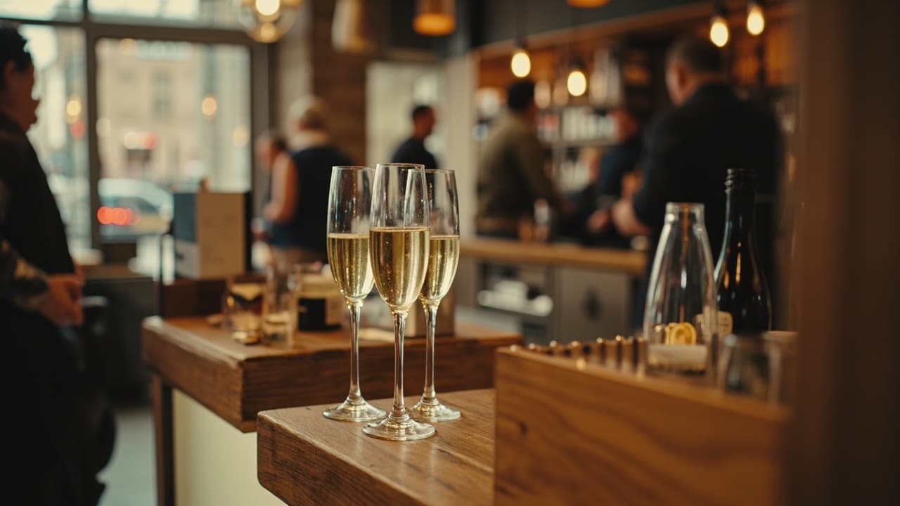 Three champagne flutes stand on a wooden shelf in a busy tasting room