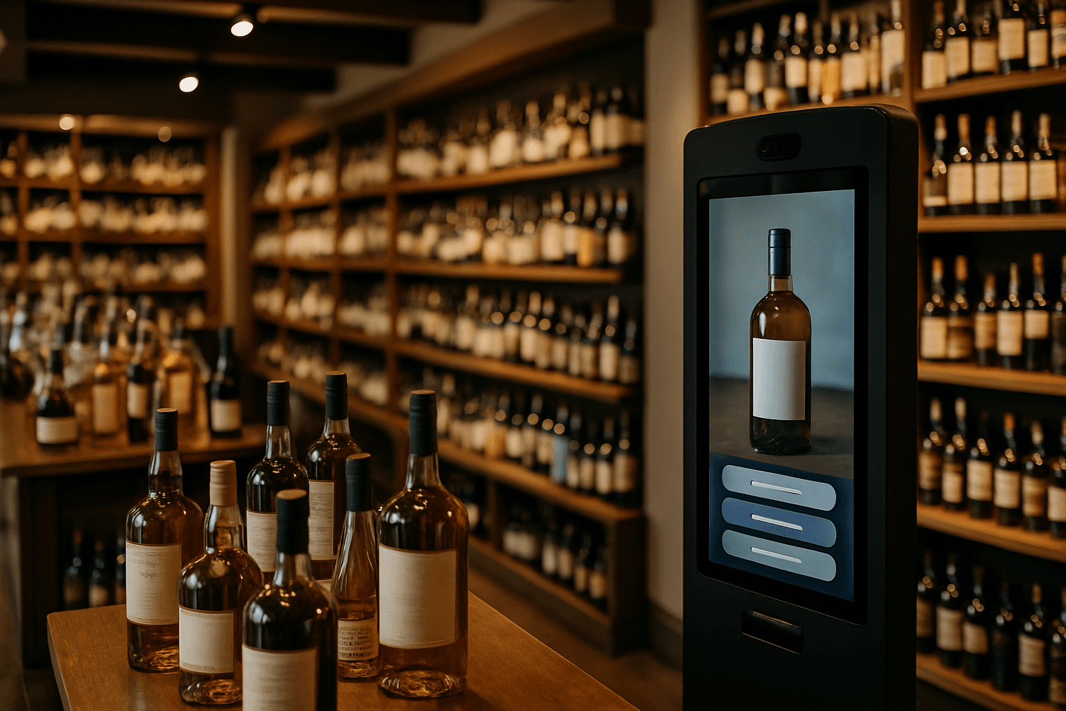 Professional photograph illustrating upscale liquor store interior with premium spirits — cover image for "5 Ways AI Kiosks Pay for Themselves in a Liquor Store Within 90 Days" on LiquorChat