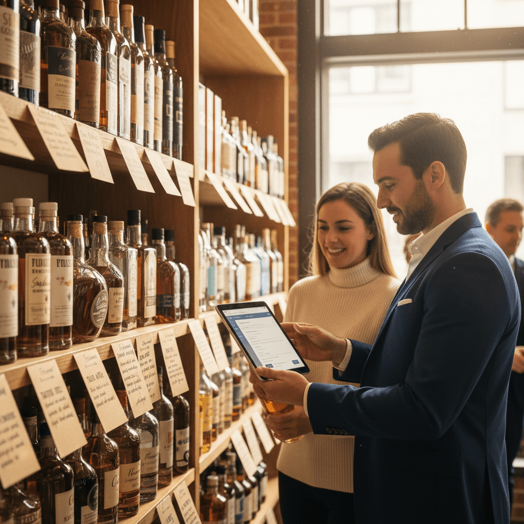 Professional photograph illustrating AI shelf talkers liquor store — cover image for "Quick Guide: How to Use AI to Write Better Shelf Talkers in 30 Seconds" on LiquorChat