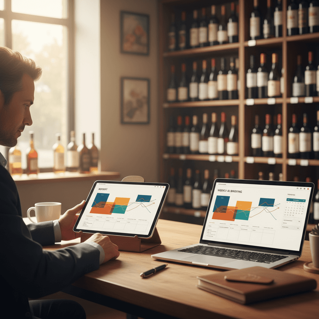 Professional photograph illustrating POS data AI briefing liquor store — cover image for "Quick Guide: Turn Your POS Data Into a Weekly AI Briefing (5-Minute Setup)" on LiquorChat