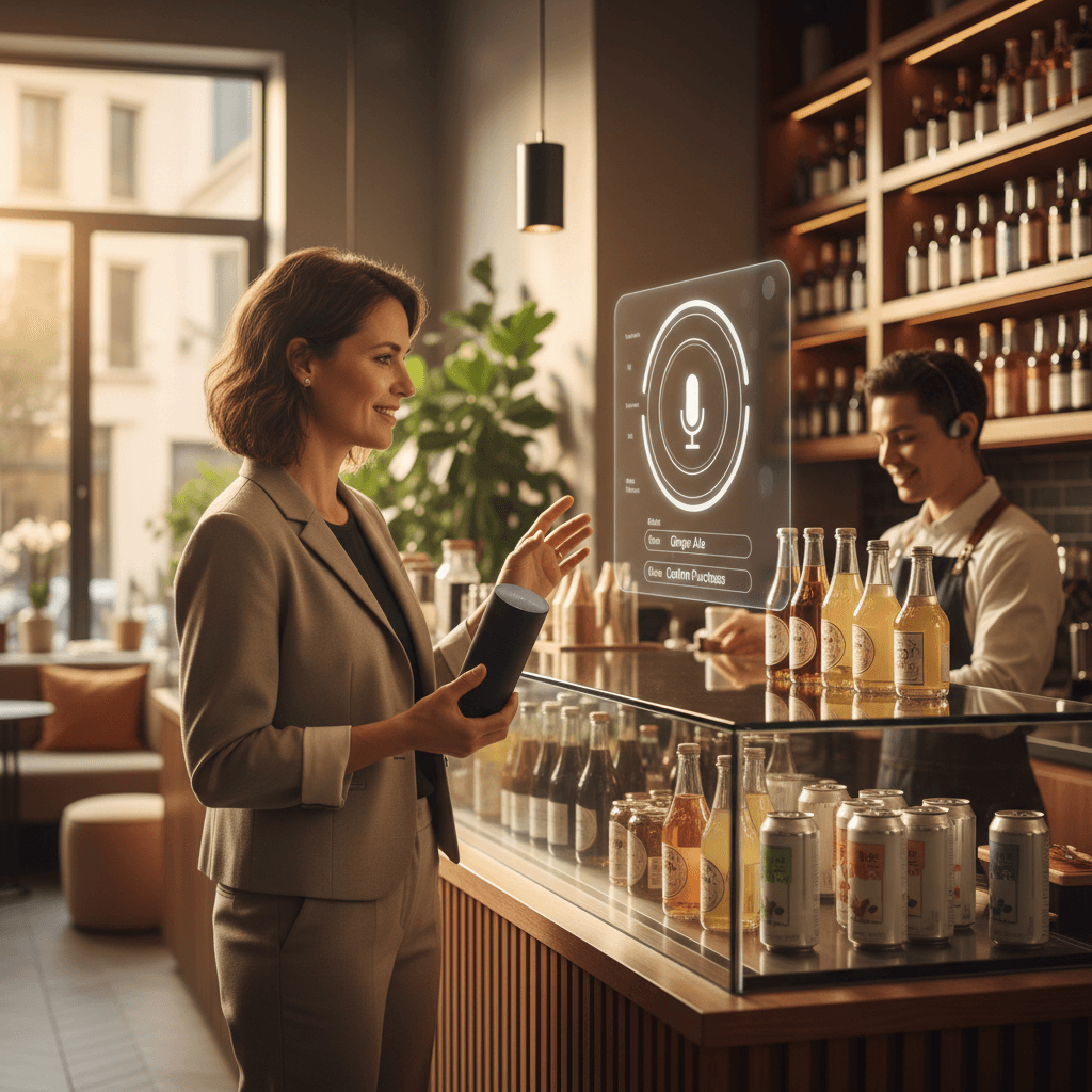 Professional photograph illustrating voice commerce beverage retail AI — cover image for "Voice Commerce and Conversational AI: The Next Frontier for Beverage Retail" on LiquorChat