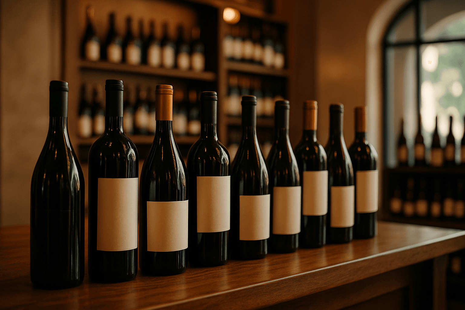 Professional photograph illustrating wine bottles displayed in an elegant retail setting — cover image for "AI Concierge Bots Are Replacing Tasting Room Staff: How Wineries' DTC Playbook Applies to Liquor Retail" on LiquorChat
